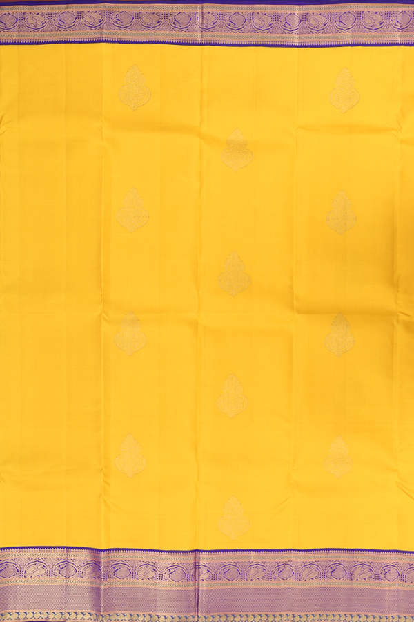 Kanchipuram Silk Saree In Saffron Yellow With Zari Buttas