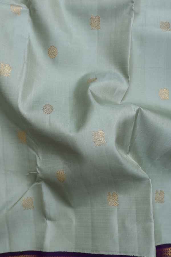 Kanchipuram Silk Saree In Sage Green With Peacock Buttas