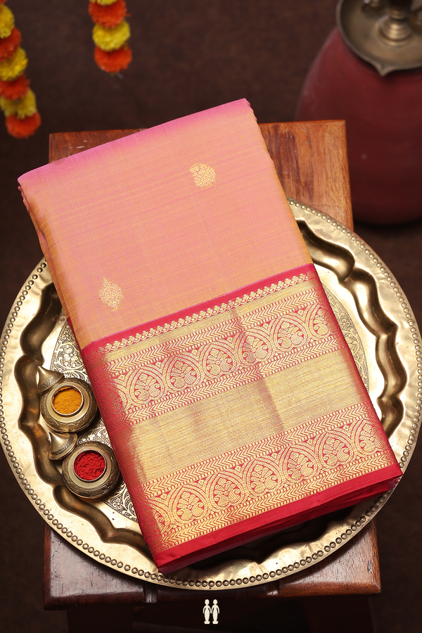 Kanchipuram Silk Saree In Salmon Pink With Zari Buttas