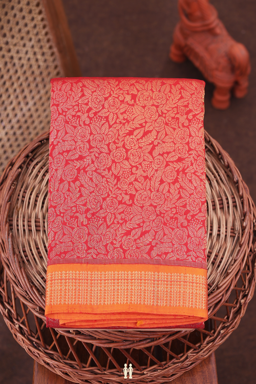 Kanchipuram Silk Saree In Scarlet Red With Brocade Design