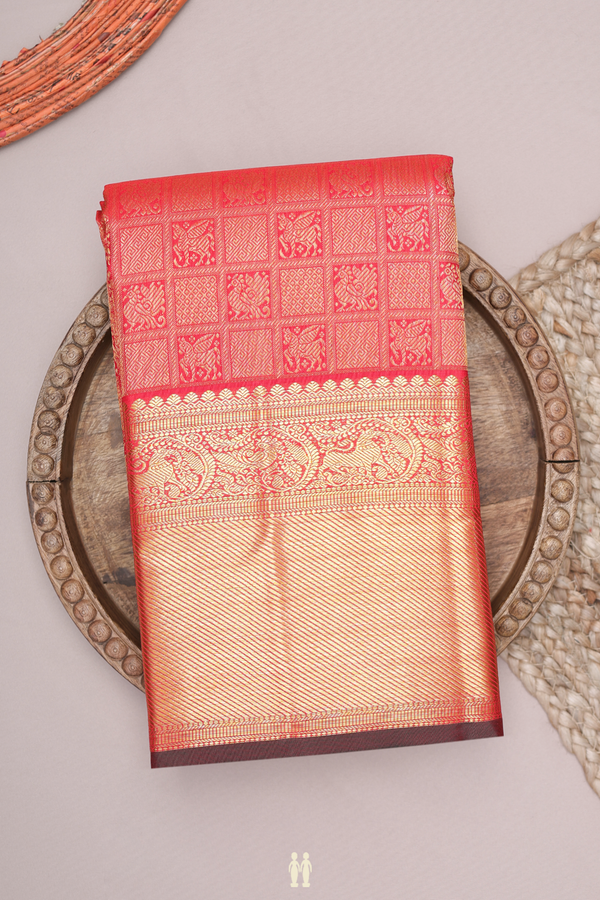Kanchipuram Silk Saree In Scarlet Red With Brocade Design