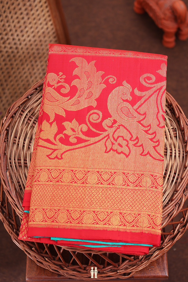 Kanchipuram Silk Saree In Scarlet Red With Brocade Design