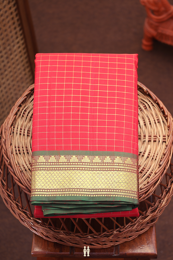 Kanchipuram Silk Saree In Scarlet Red With Checks Design