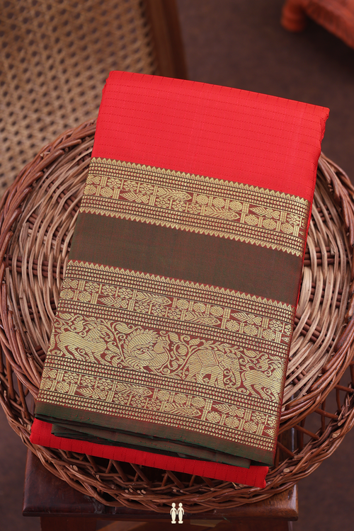 Kanchipuram Silk Saree In Scarlet Red With Checks Design