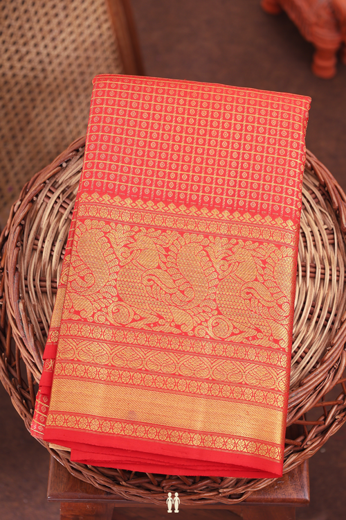 Kanchipuram Silk Saree In Scarlet Red With Checks Design