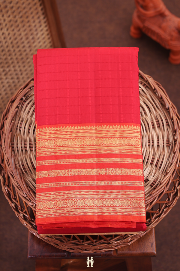 Kanchipuram Silk Saree In Scarlet Red With Checks Design