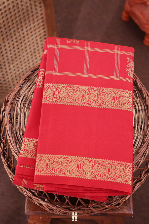 Kanchipuram Silk Saree In Scarlet Red With Checks Design
