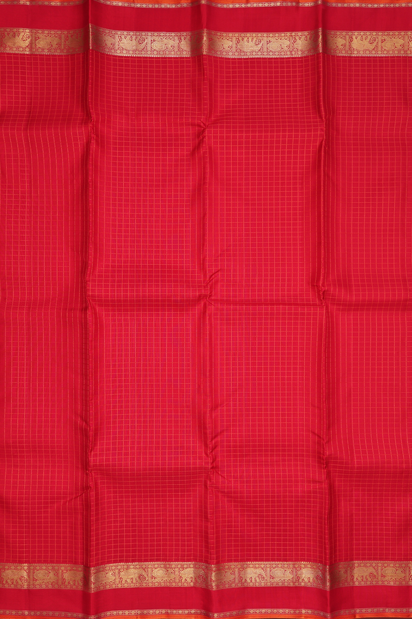 Kanchipuram Silk Saree In Scarlet Red With Checks Design