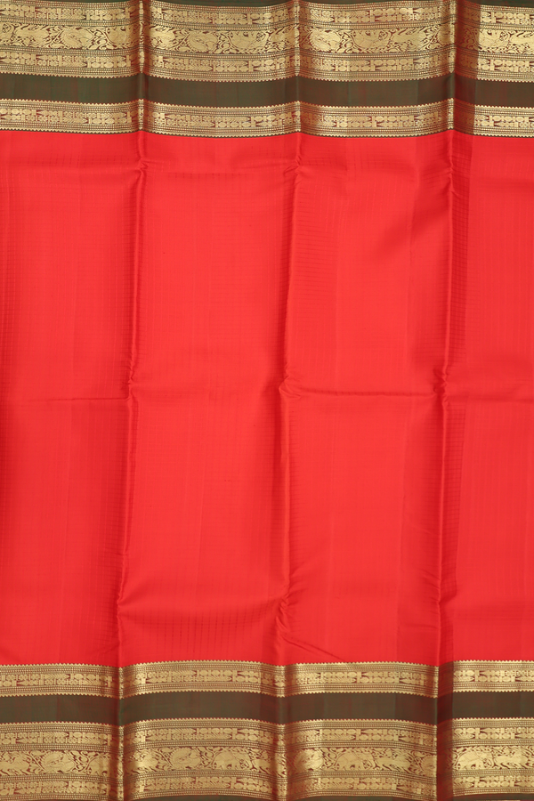 Kanchipuram Silk Saree In Scarlet Red With Checks Design