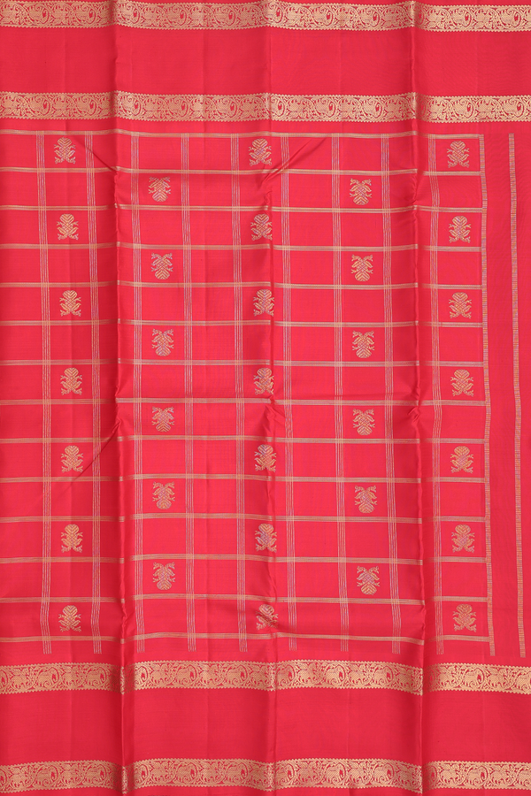 Kanchipuram Silk Saree In Scarlet Red With Checks Design