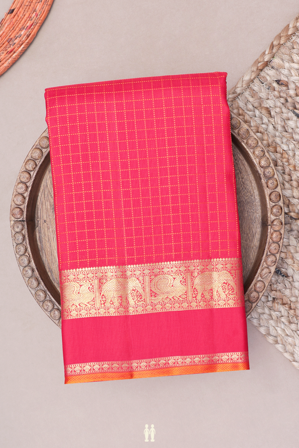 Kanchipuram Silk Saree In Scarlet Red With Checks Design