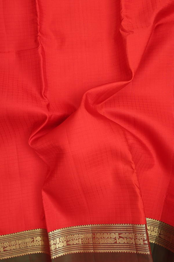 Kanchipuram Silk Saree In Scarlet Red With Checks Design