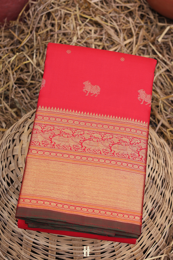 Kanchipuram Silk Saree In Scarlet Red With Cow Buttas