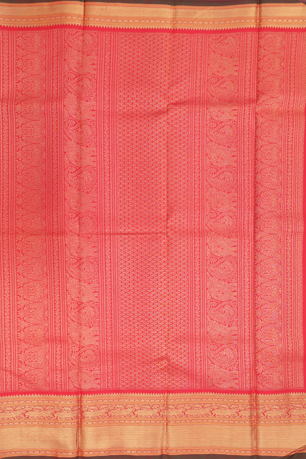 Kanchipuram Silk Saree In Scarlet Red With Cow Buttas