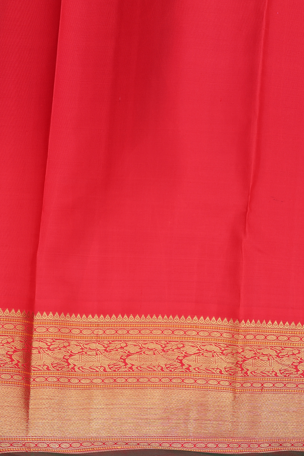 Kanchipuram Silk Saree In Scarlet Red With Cow Buttas