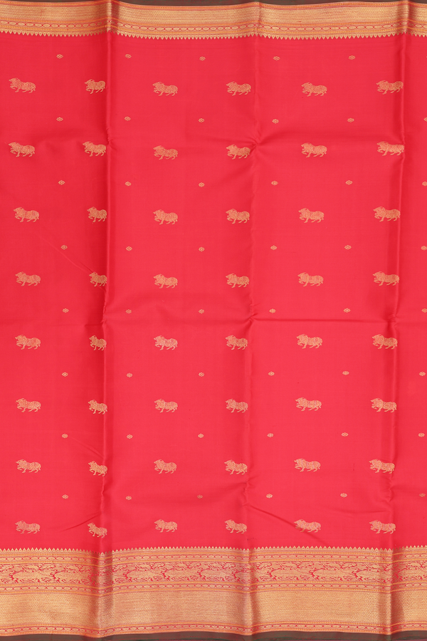 Kanchipuram Silk Saree In Scarlet Red With Cow Buttas