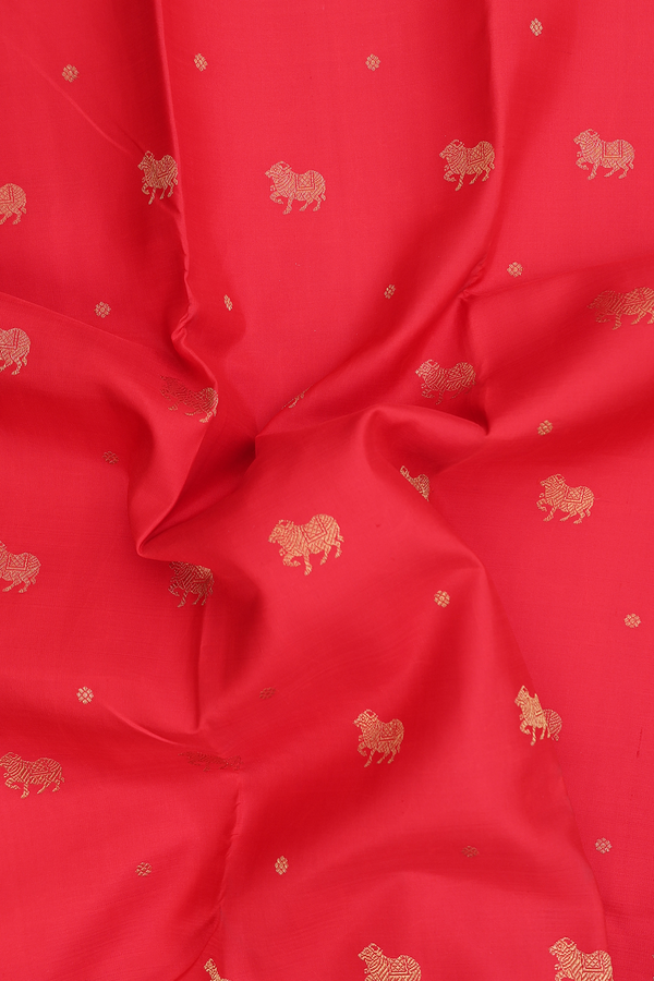 Kanchipuram Silk Saree In Scarlet Red With Cow Buttas