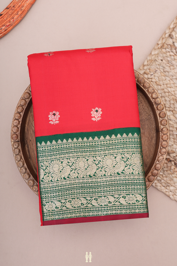 Kanchipuram Silk Saree In Scarlet Red With Floral Buttas