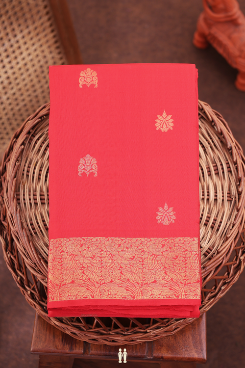 Kanchipuram Silk Saree In Scarlet Red With Floral Buttas