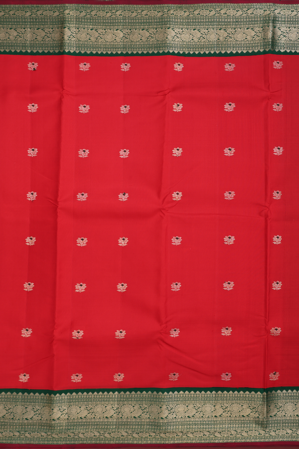 Kanchipuram Silk Saree In Scarlet Red With Floral Buttas