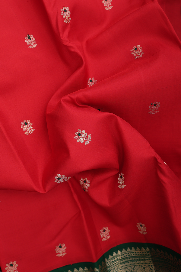 Kanchipuram Silk Saree In Scarlet Red With Floral Buttas