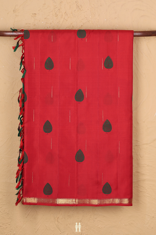 Kanchipuram Silk Saree In Scarlet Red With Hand Painted Design