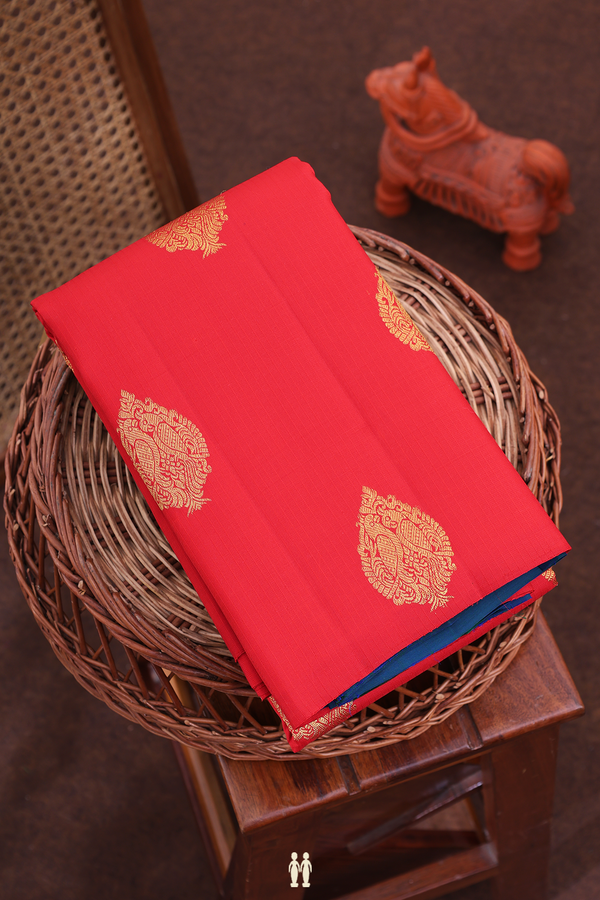 Kanchipuram Silk Saree In Scarlet Red Along Stripes With Motifs