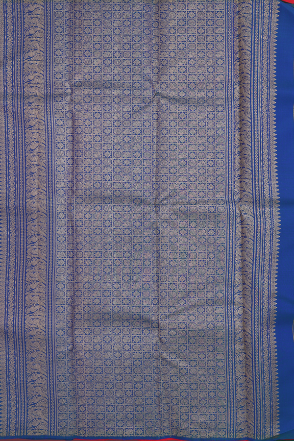 Kanchipuram Silk Saree In Scarlet Red Along Stripes With Motifs