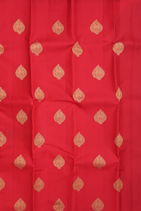 Kanchipuram Silk Saree In Scarlet Red Along Stripes With Motifs