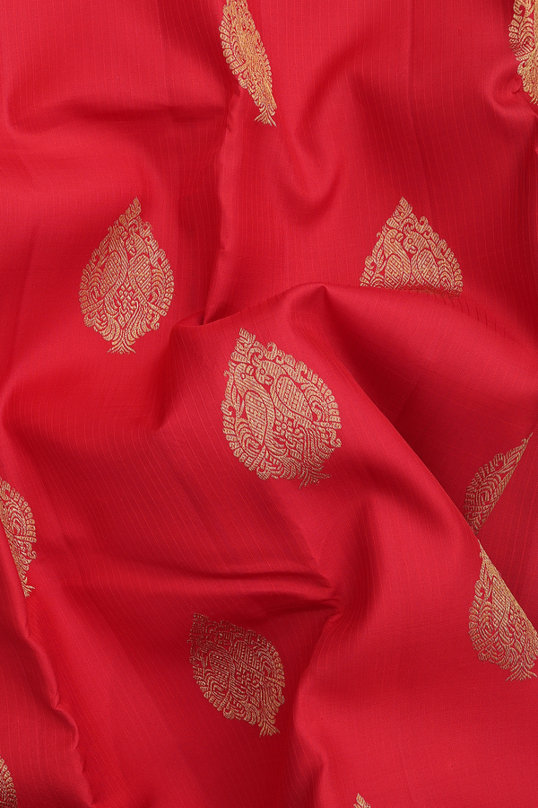 Kanchipuram Silk Saree In Scarlet Red Along Stripes With Motifs