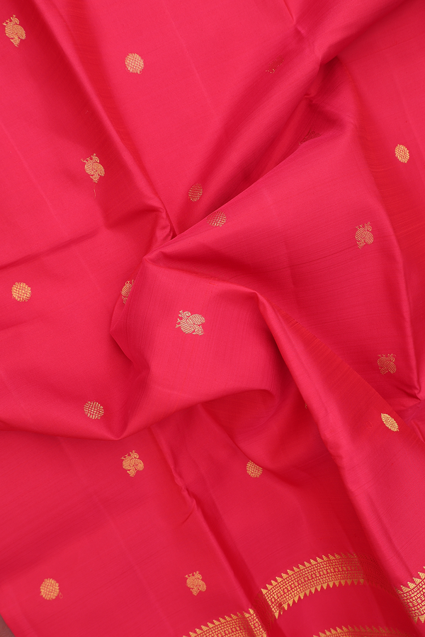 Kanchipuram Silk Saree In Scarlet Red With Peacock Buttas