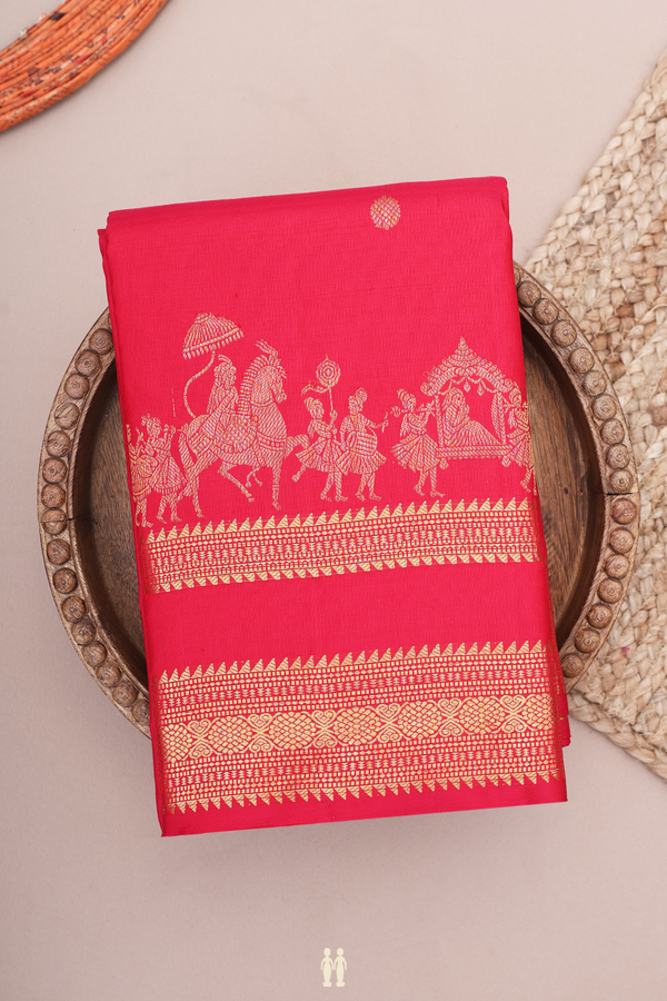 Kanchipuram Silk Saree In Scarlet Red With Peacock Buttas