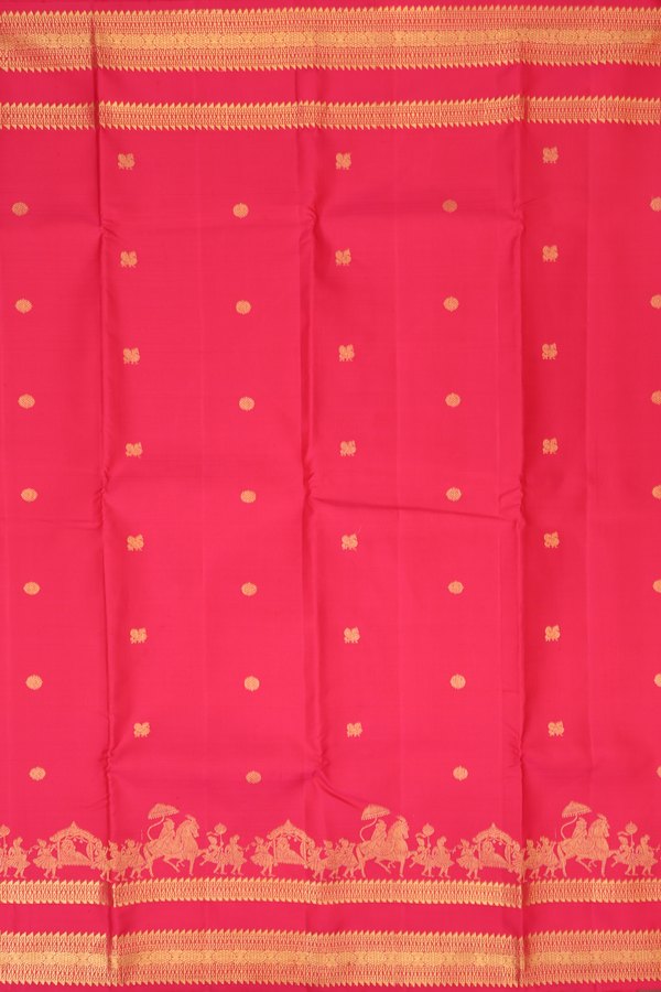 Kanchipuram Silk Saree In Scarlet Red With Peacock Buttas