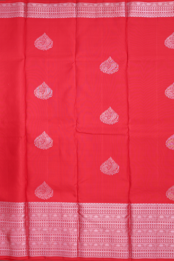 Kanchipuram Silk Saree In Scarlet Red With Peacock Motifs