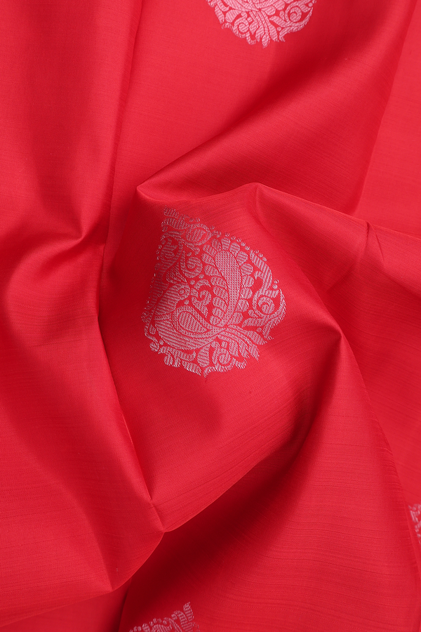 Kanchipuram Silk Saree In Scarlet Red With Peacock Motifs