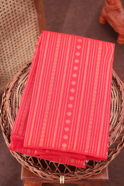 Kanchipuram Silk Saree In Scarlet Red With Stripes Design