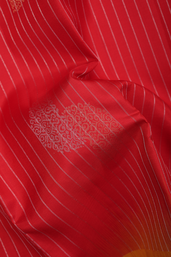 Kanchipuram Silk Saree In Scarlet Red With Stripes Design