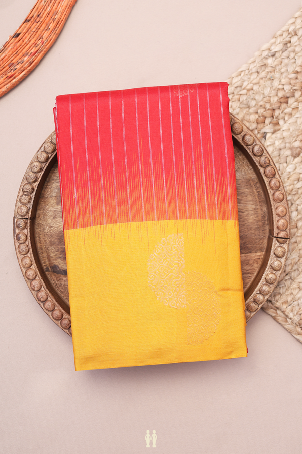 Kanchipuram Silk Saree In Scarlet Red With Stripes Design