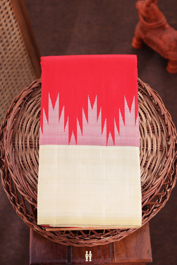 Kanchipuram Silk Saree In Scarlet Red With Temple Border