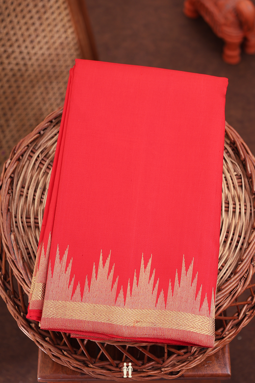 Kanchipuram Silk Saree In Scarlet Red With Temple Border