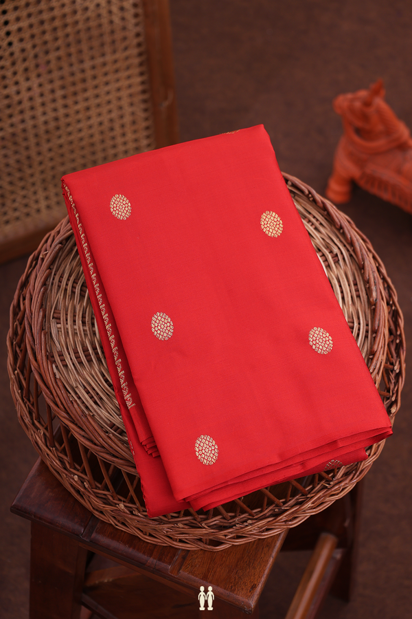 Kanchipuram Silk Saree In Scarlet Red With Zari Buttas
