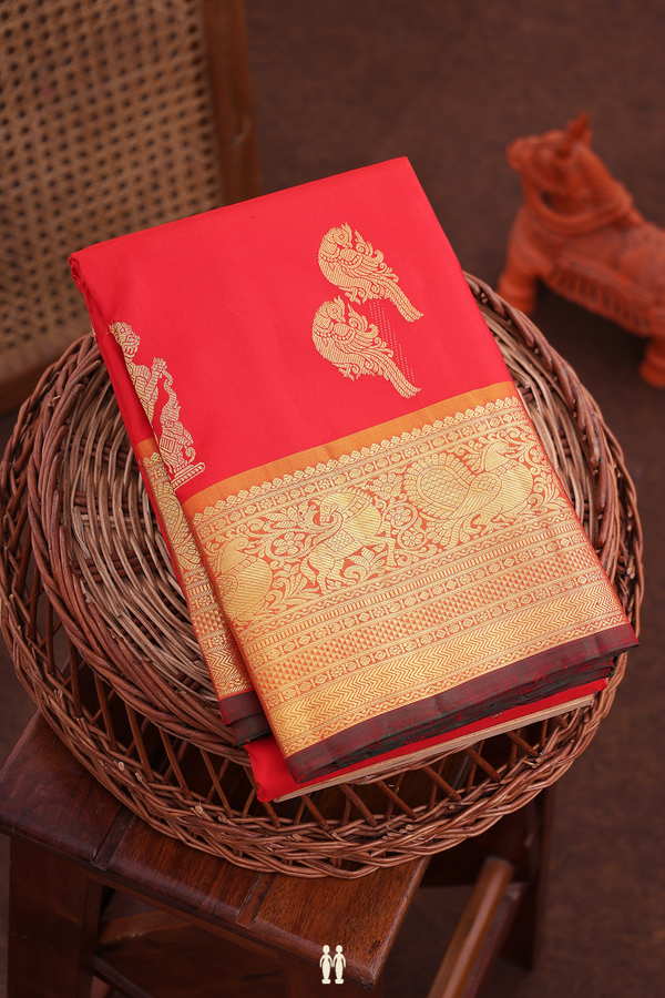 Kanchipuram Silk Saree In Scarlet Red With Zari Buttas