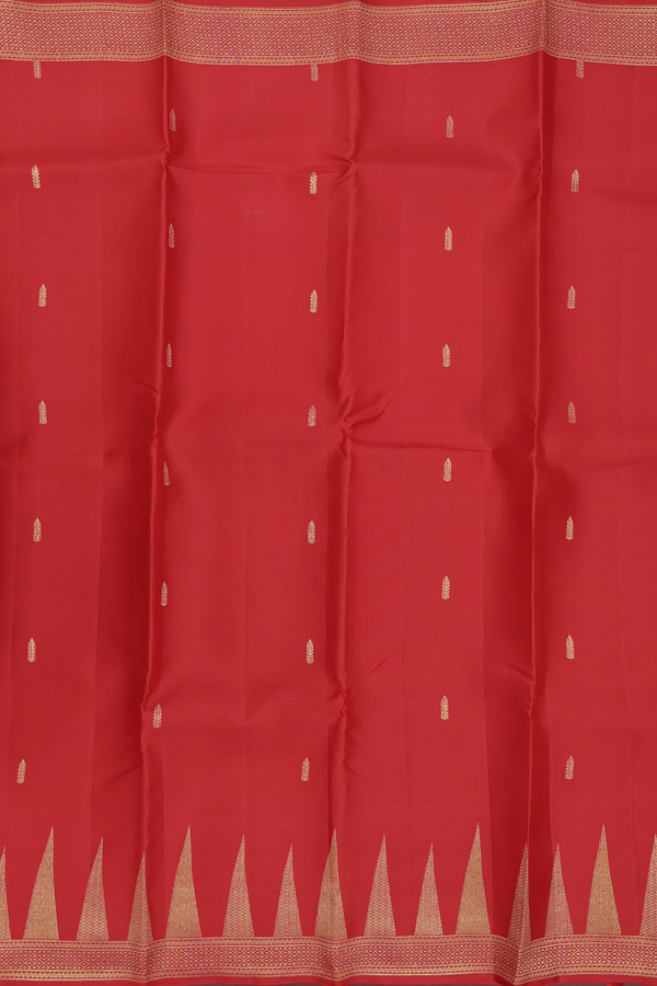 Kanchipuram Silk Saree In Scarlet Red With Zari Buttas