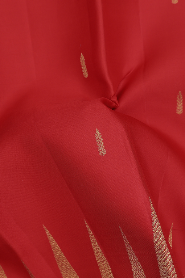Kanchipuram Silk Saree In Scarlet Red With Zari Buttas