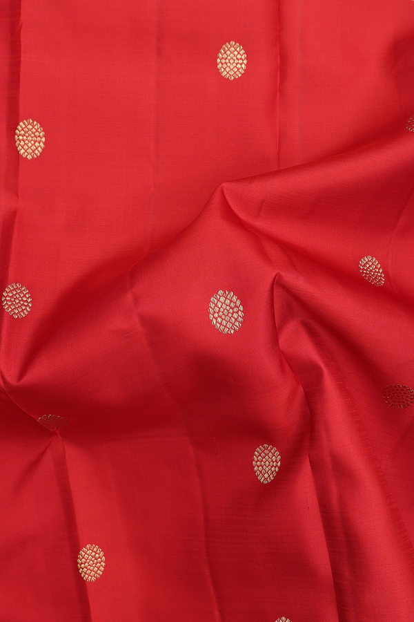 Kanchipuram Silk Saree In Scarlet Red With Zari Buttas