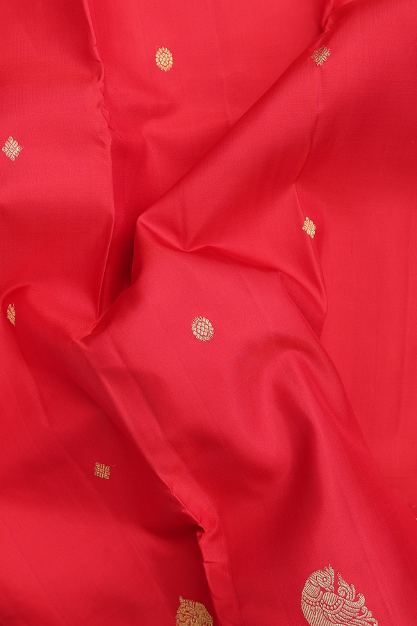 Kanchipuram Silk Saree In Scarlet Red With Zari Buttas