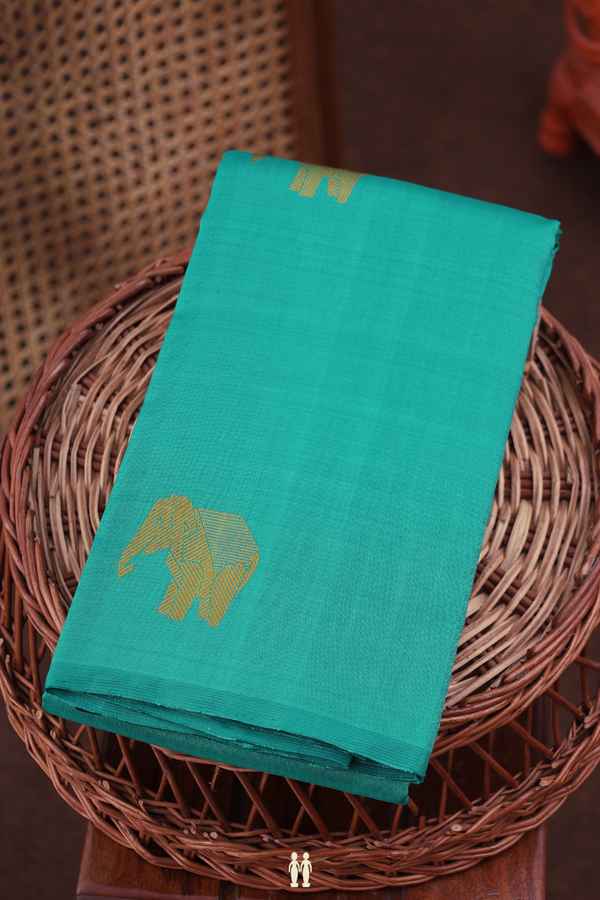 Kanchipuram Silk Saree In Sea Green With Elephant Buttas
