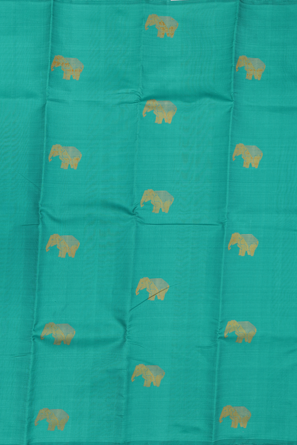 Kanchipuram Silk Saree In Sea Green With Elephant Buttas