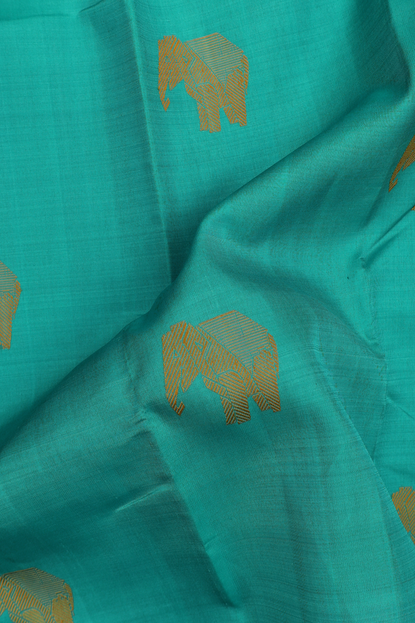 Kanchipuram Silk Saree In Sea Green With Elephant Buttas
