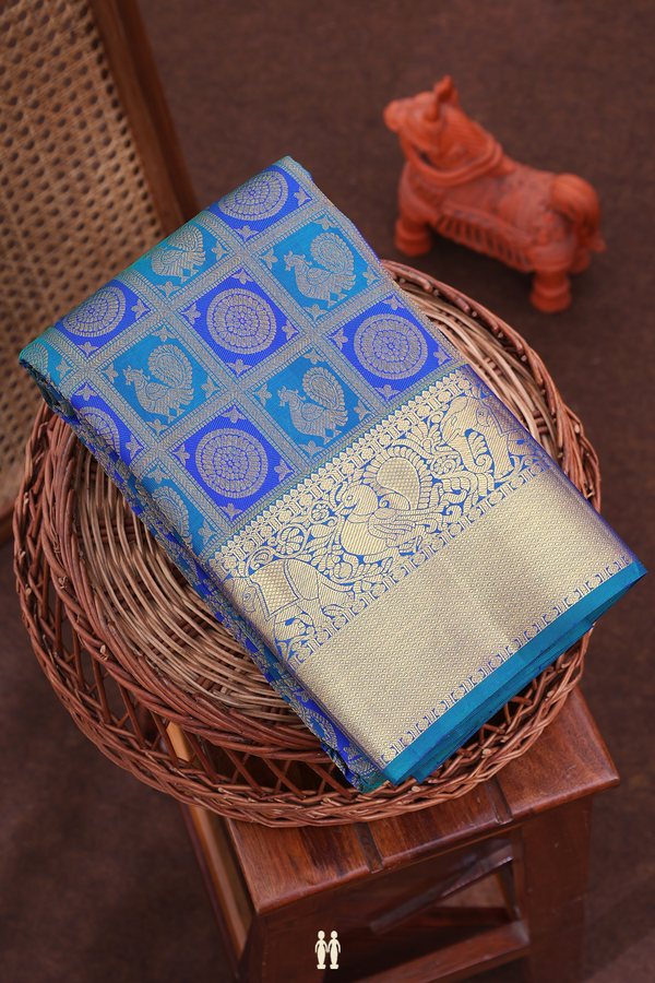 Kanchipuram Silk Saree In Shades Of Blue With Peacock Design
